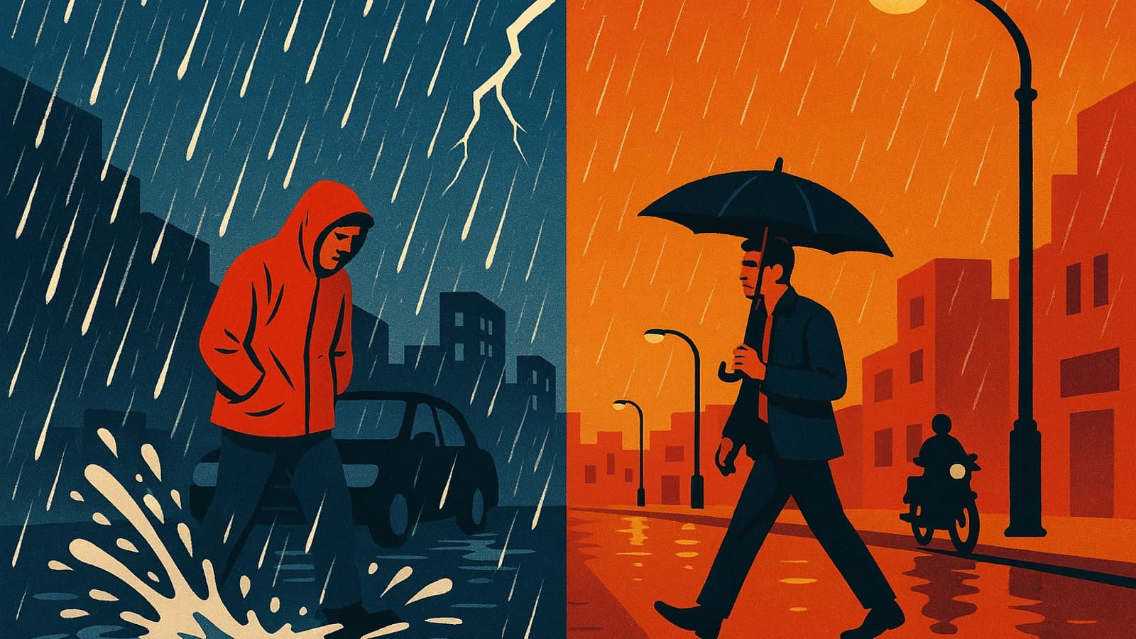 Ilustrasi jalanan kota yang terbelah antara hujan deras dan gerimis lembut, saling berhadapan seperti dua kubu yang berseteru