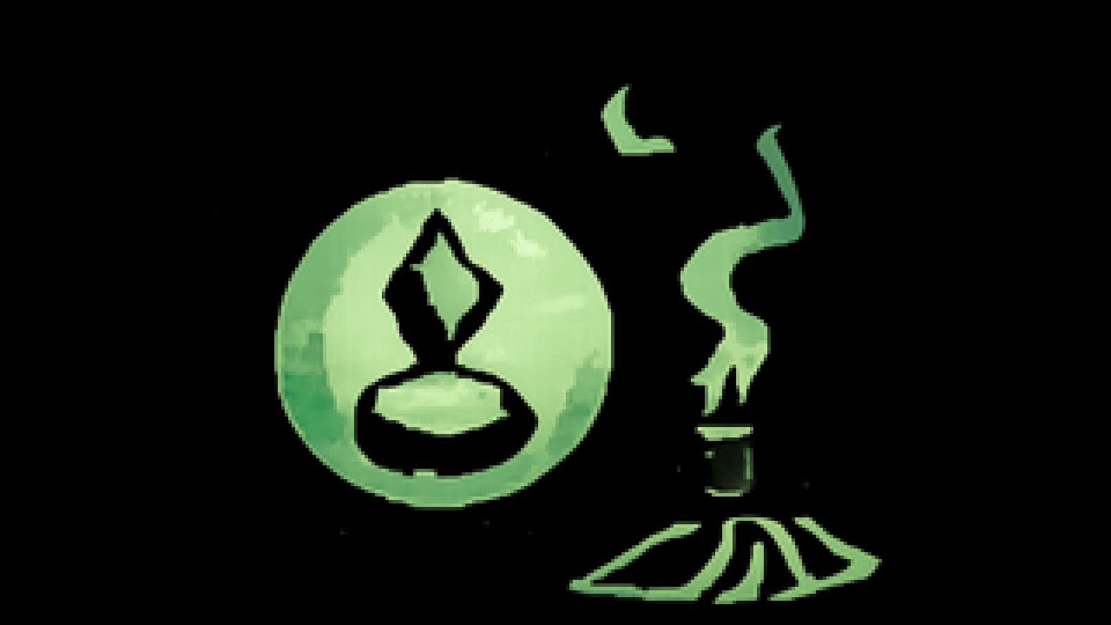 Pixel art of a crystal ball showing a silver coin rising above a gold coin, with tarot cards and candles on a velvet table.