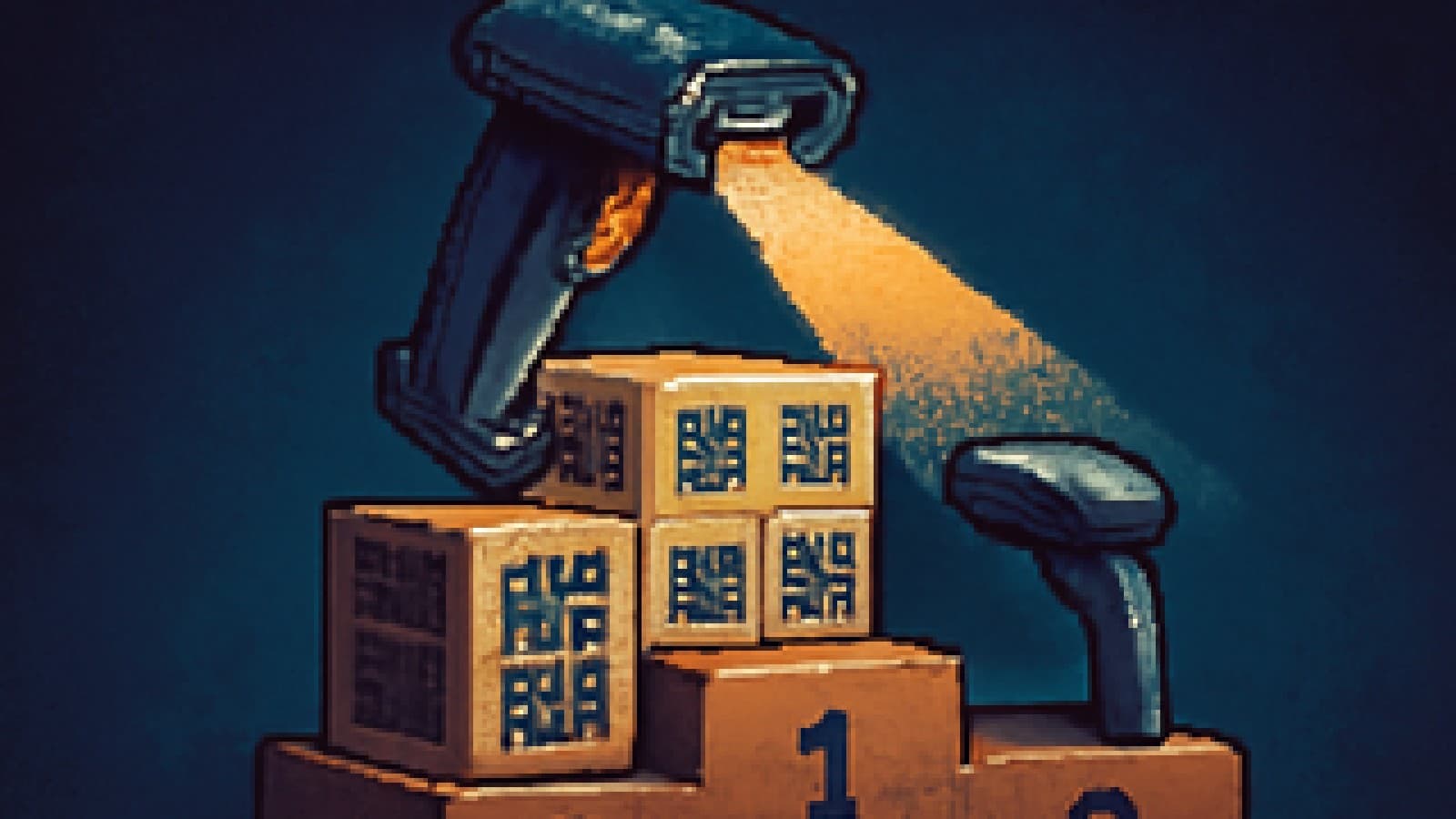 Pixel-art podium with a large handheld scanner in first place and a smaller scanner in second, both scanning boxes covered in codes.