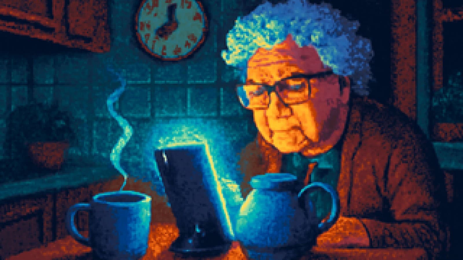 Pixel-art grandmother in a cosy kitchen squinting at a glowing phone leaned against a teapot as the clock nears midnight.