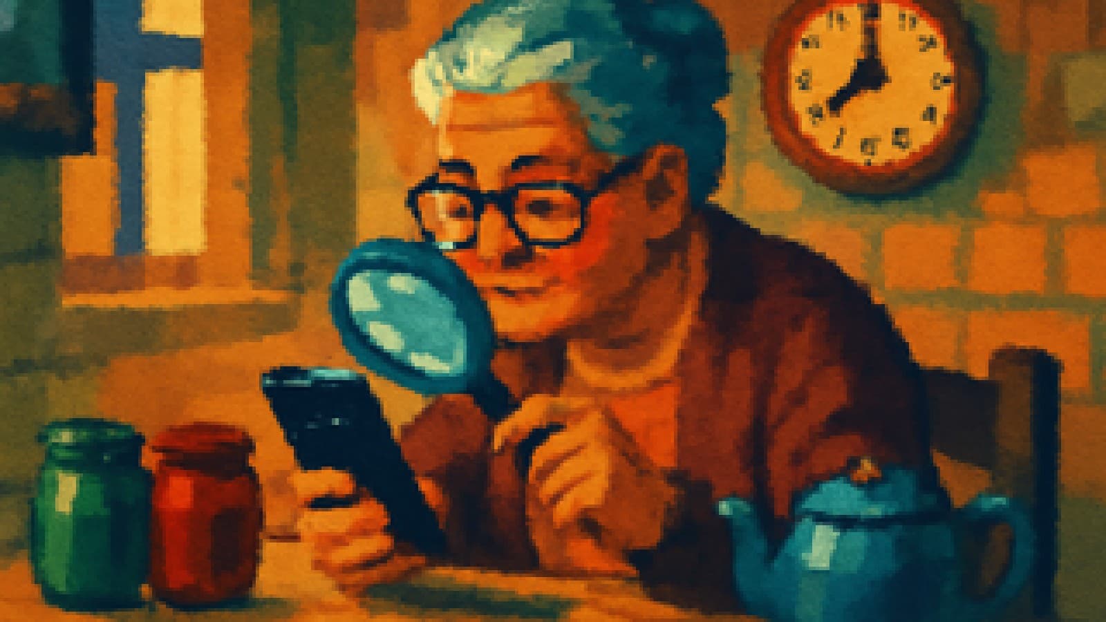 Pixel-art grandmother squinting through a magnifying glass at a smartphone in a cosy kitchen with a ticking clock behind her.