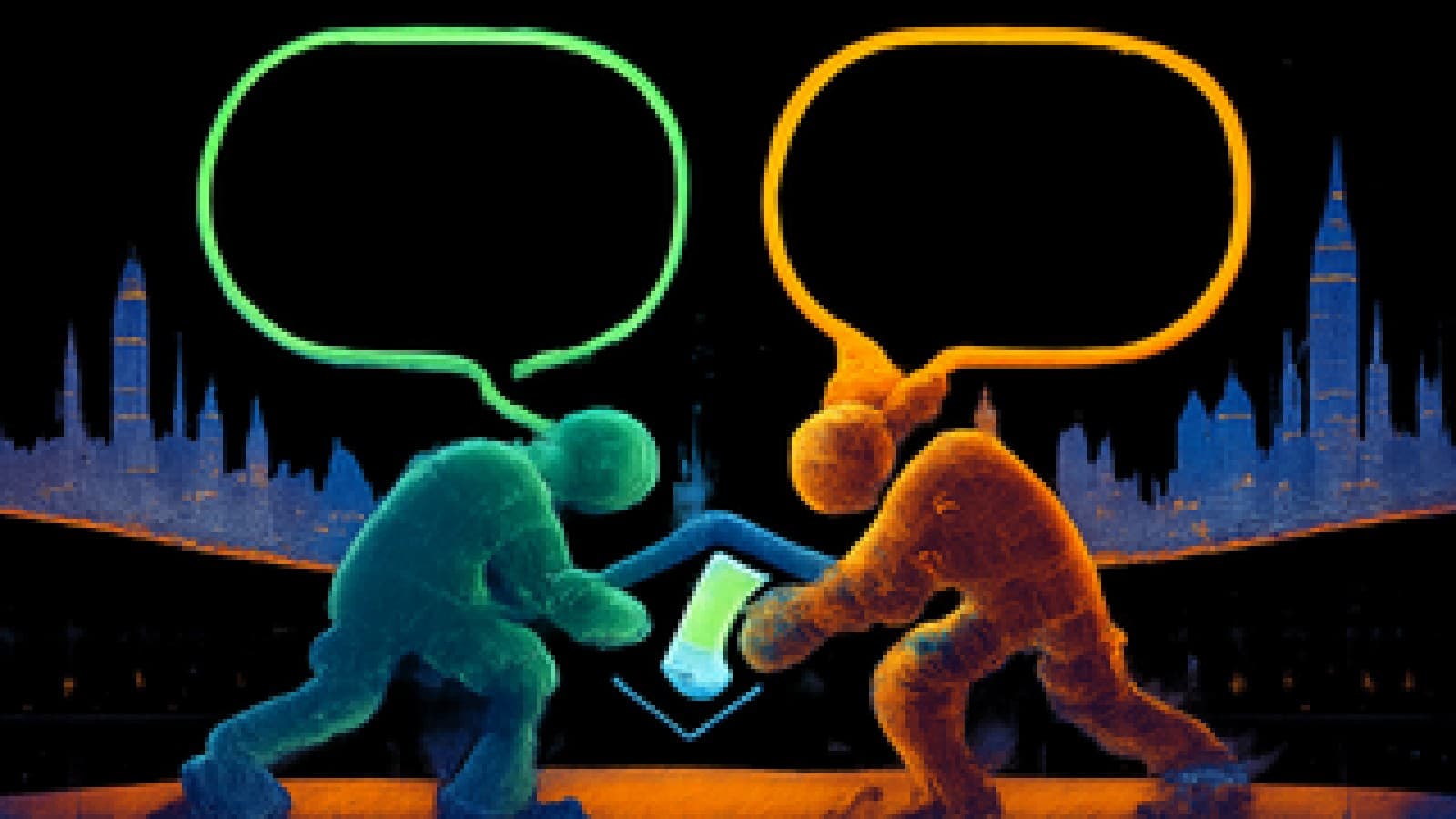 Pixel-art showdown of two giant chat bubbles playing tug-of-war over a smartphone in a neon arena