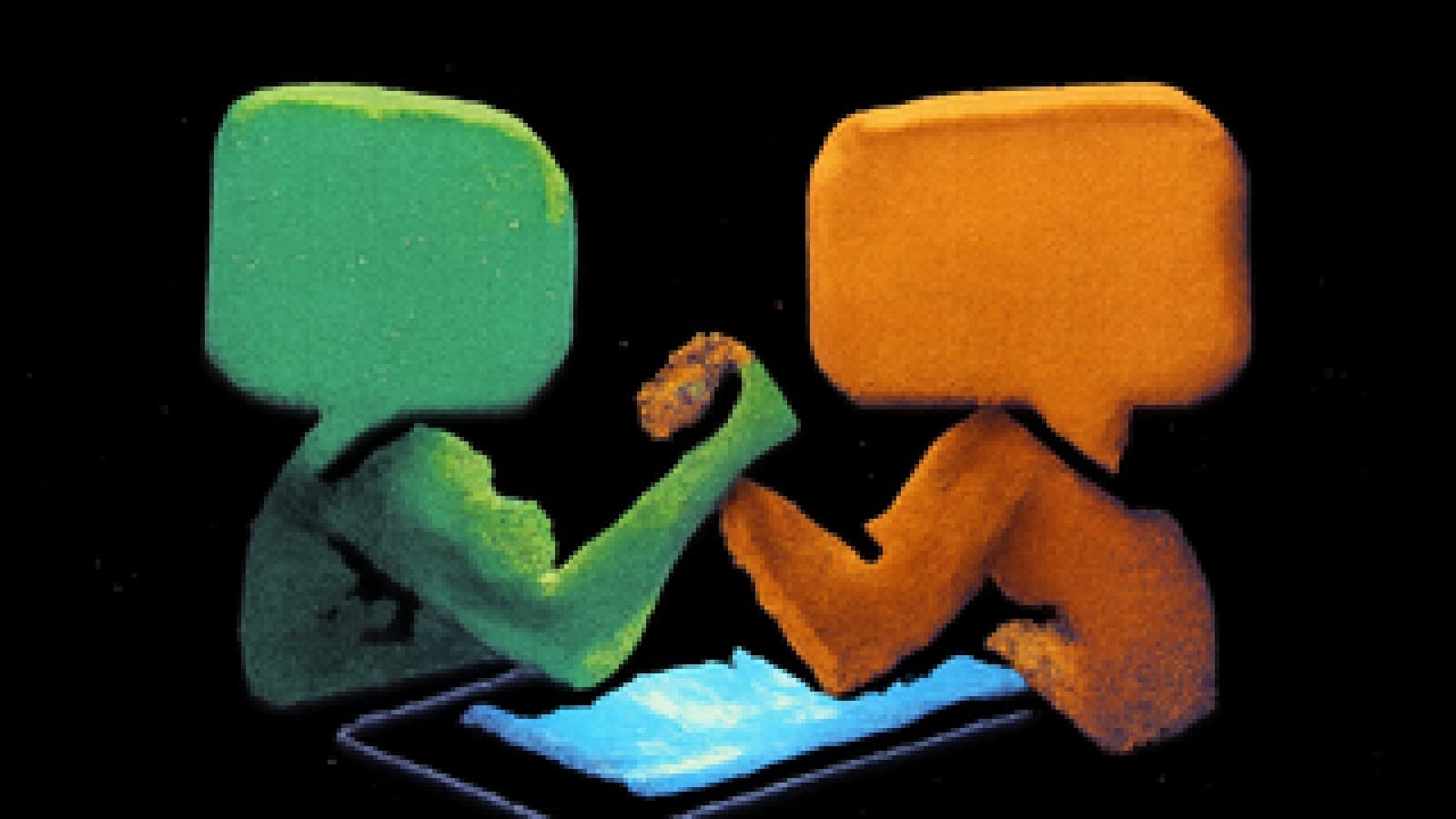 Two giant pixel-art chat bubbles arm-wrestling over a glowing smartphone in front of a neon city