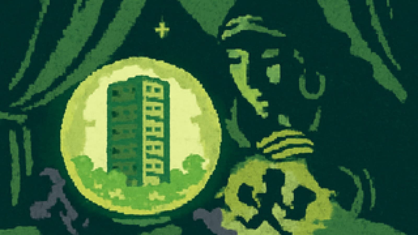 Pixel art of a crystal ball showing giant server racks while a small figure with a scroll chases them through smoke.