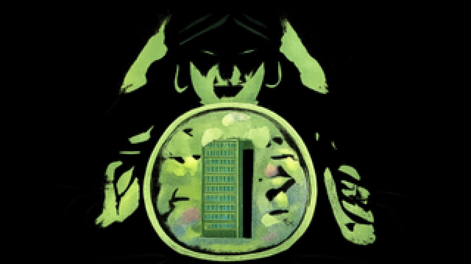 Pixel art crystal ball showing a towering stack of glowing servers next to a small floating gavel and scroll in purple mist.