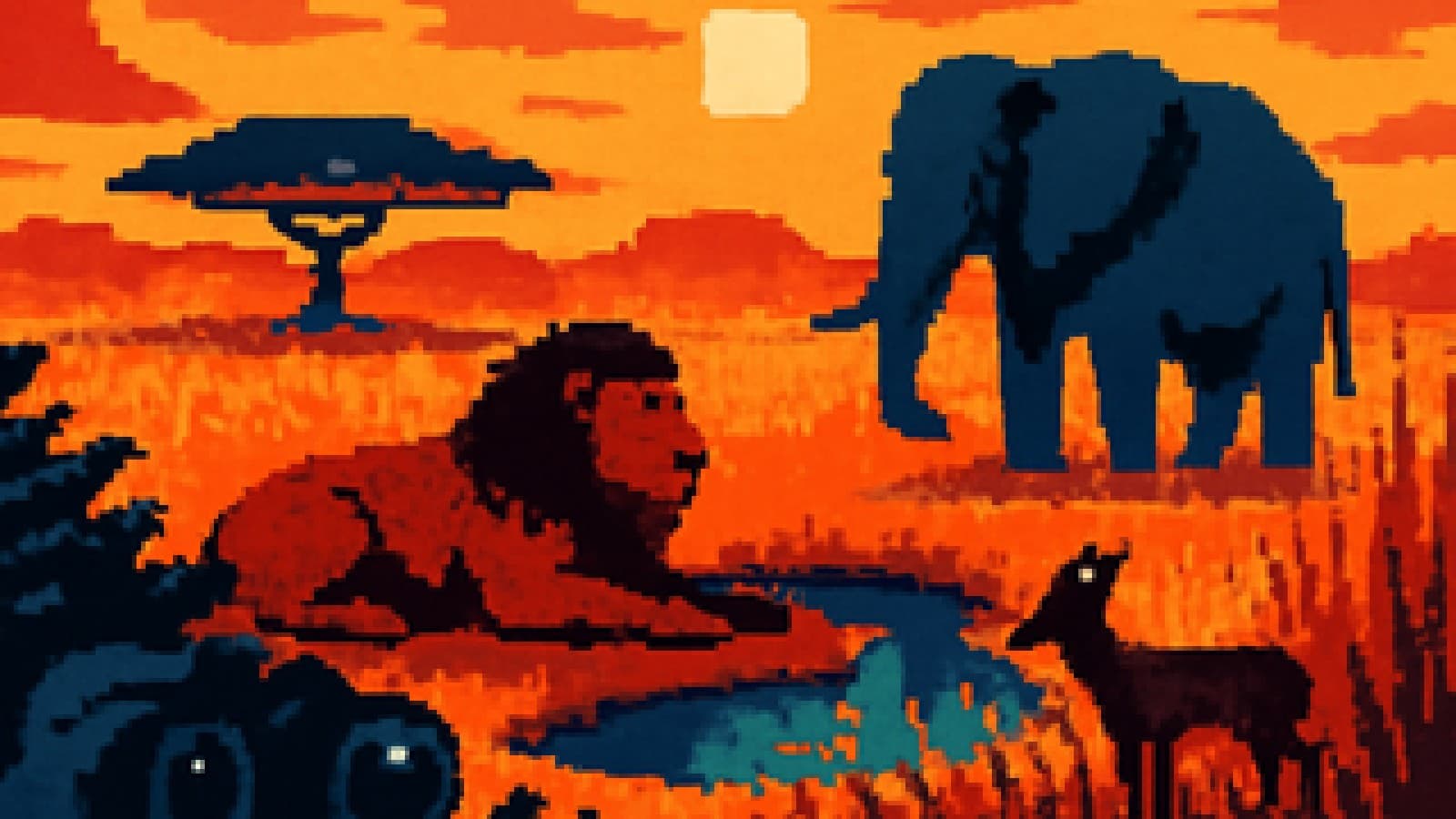 Pixel-art savanna scene with a lion at a waterhole, an elephant and an antelope looking on, and binoculars peeking from a bush.