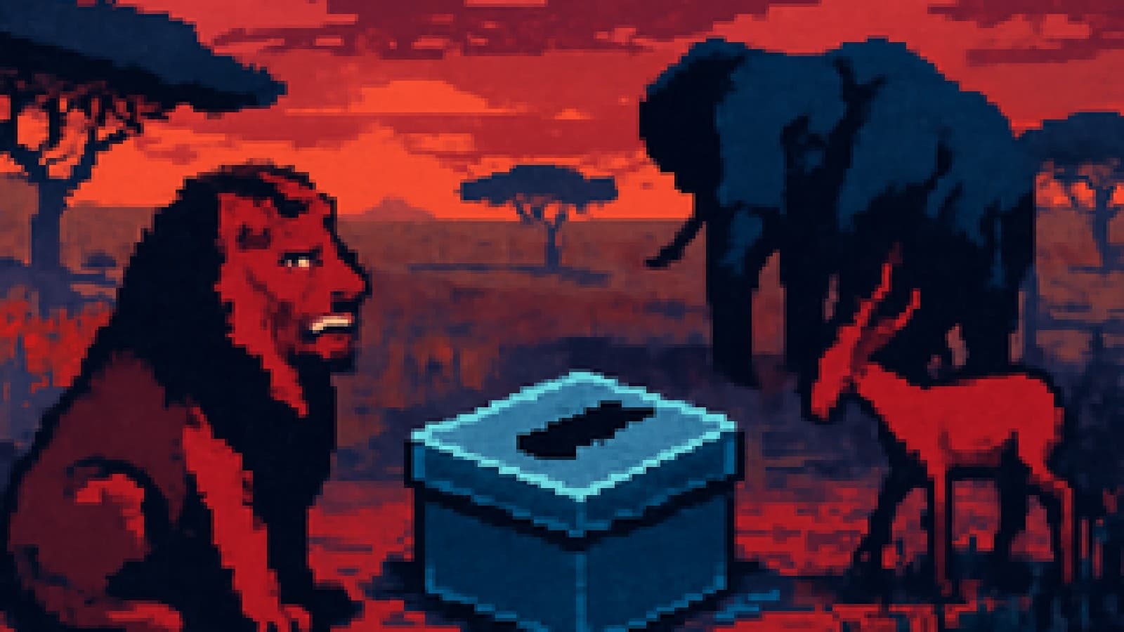 Pixel-art lion guarding a ballot-box-shaped waterhole while an elephant and antelope approach through the grass at dusk.