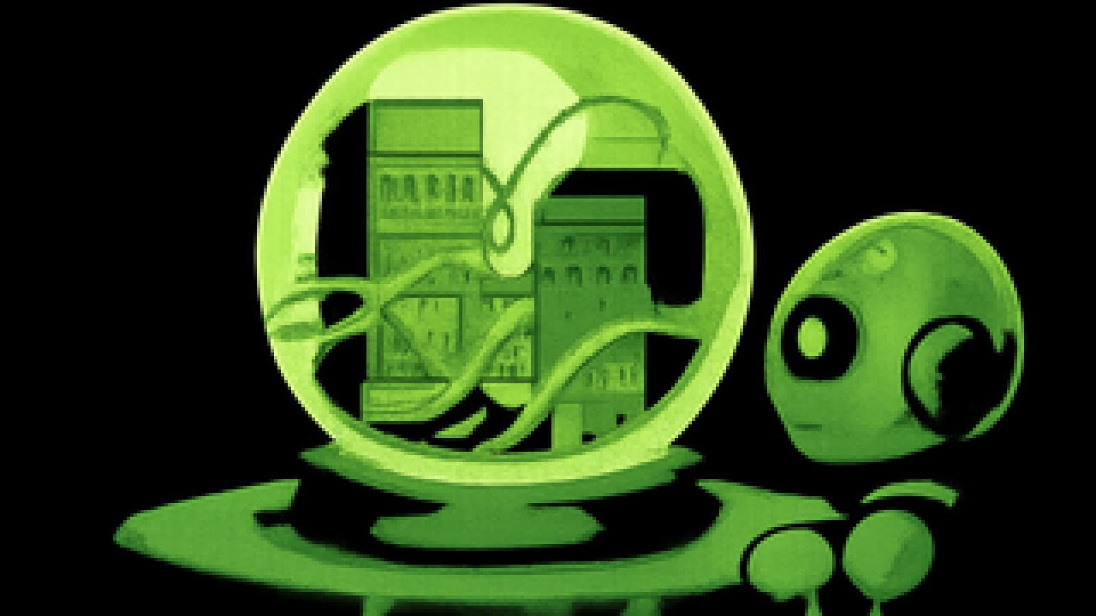 Pixel-art crystal ball full of glowing cables, with a small robot peering in from outside.