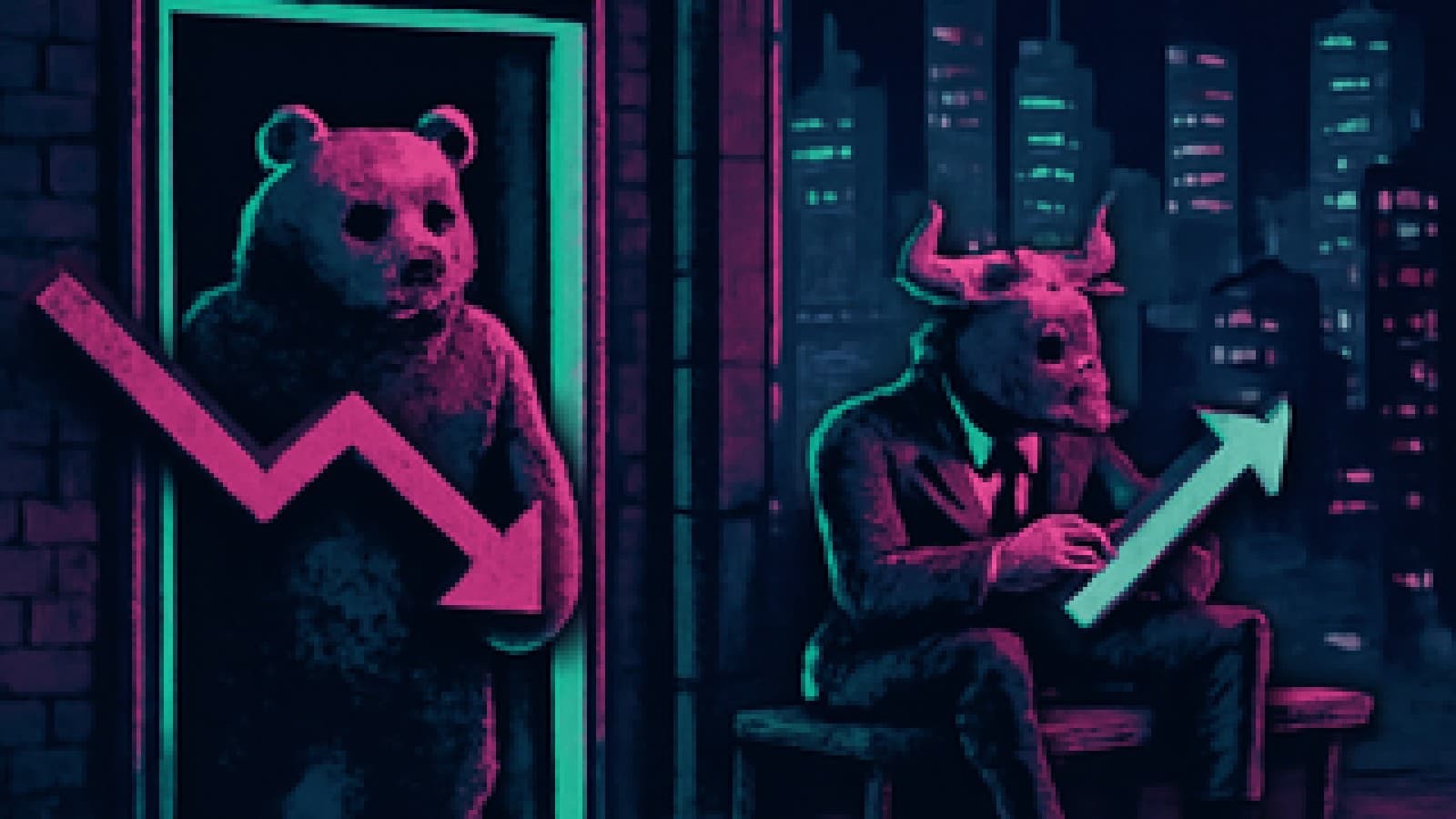 Pixel-art bear holding a down arrow inside a trading floor while a bull waits outside with an up arrow