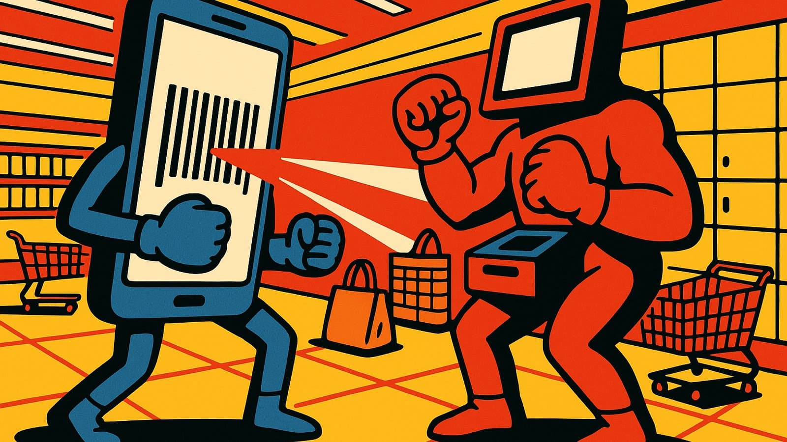 Illustration of a giant smartphone scanner and a self-checkout kiosk facing off like boxers in a supermarket aisle