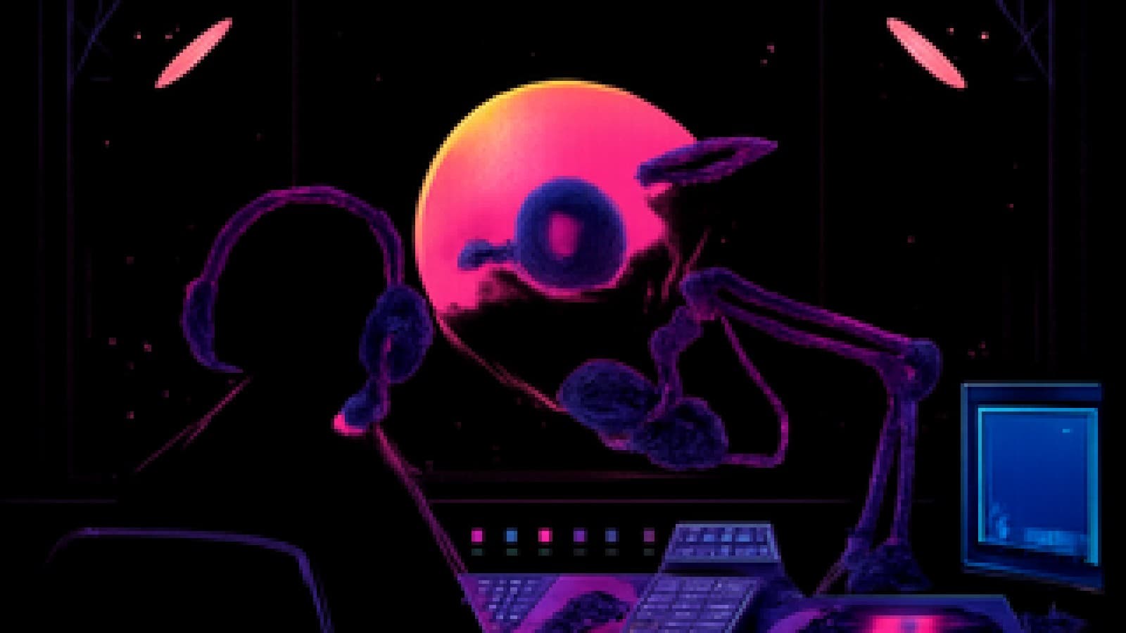 A glowing vinyl record like a planet with two small spaceships orbiting it in a night-time DJ booth