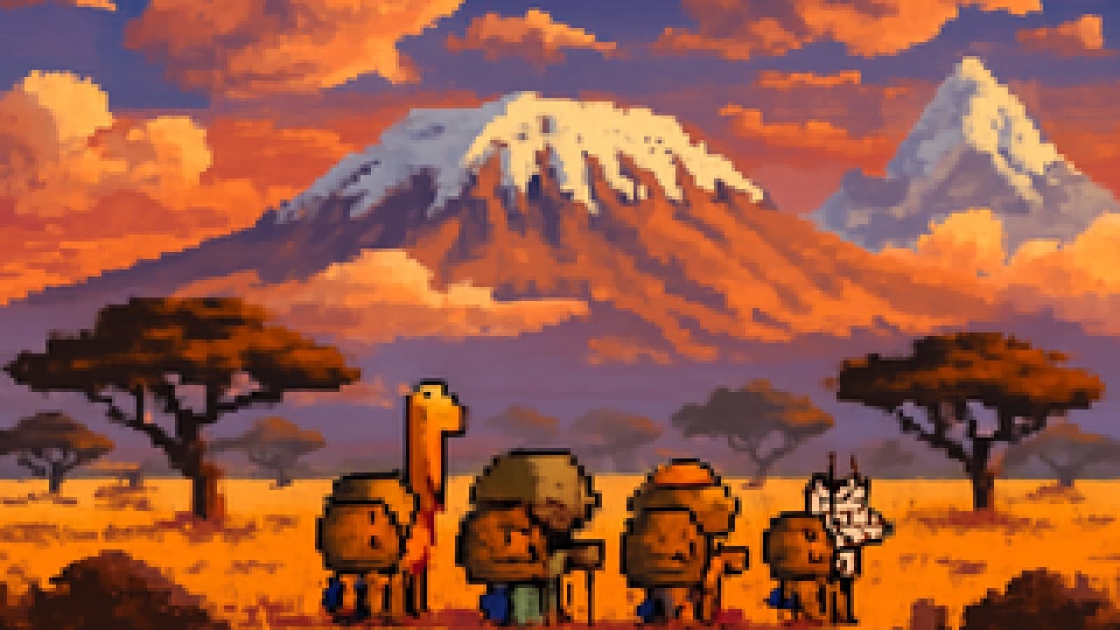 Pixel-art animals in hiking gear gathering at the foot of a snowy African mountain, with a taller jagged peak in the distance.