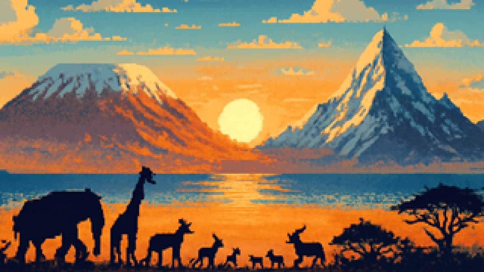 Pixel-art sunrise scene of a snowy African mountain and a jagged Himalayan peak facing each other, with small animal silhouettes gathered in the valley between.