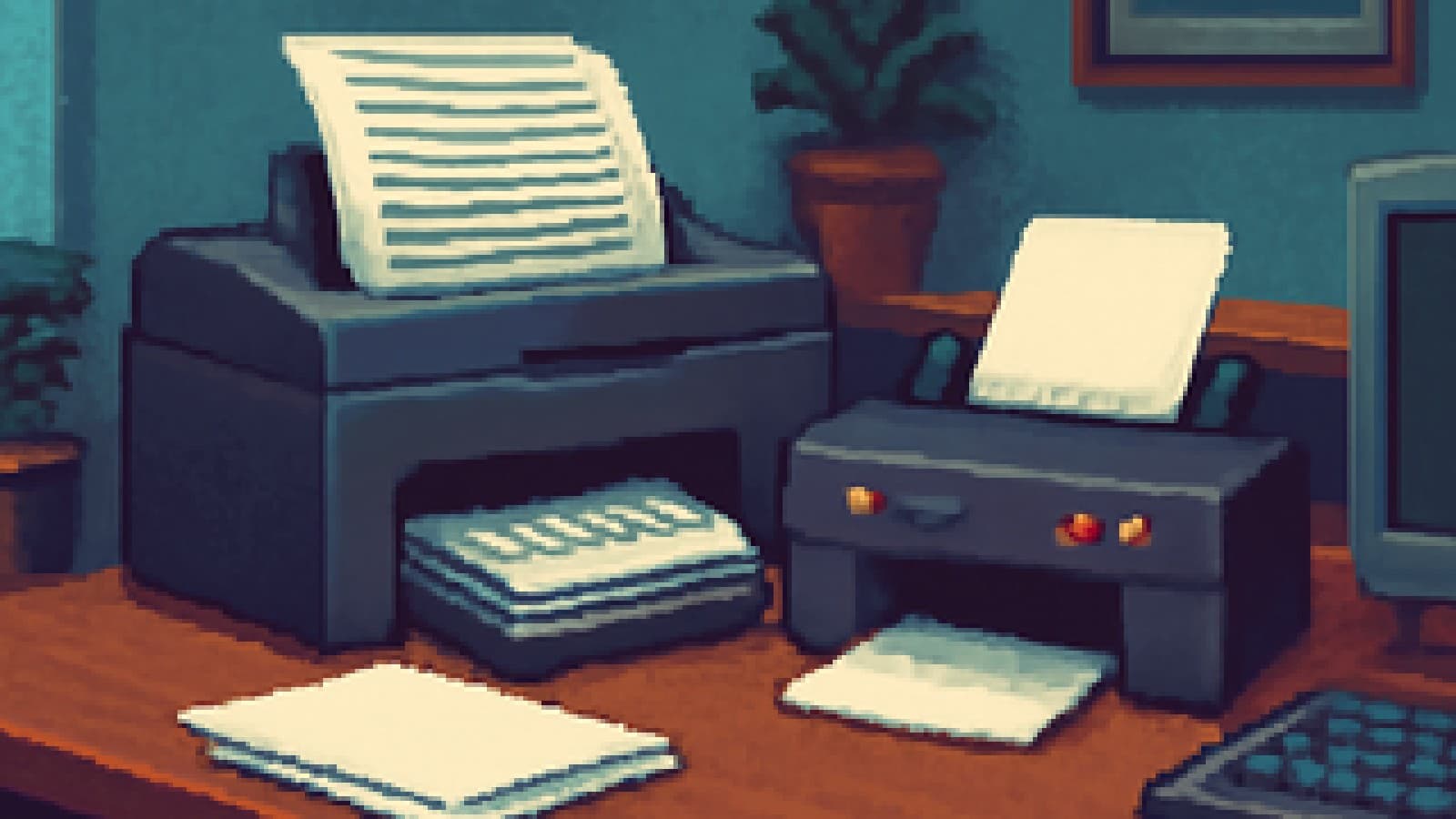 Pixel-art desk with a laser printer producing a stack of pages next to an idle inkjet printer showing ink warning lights.