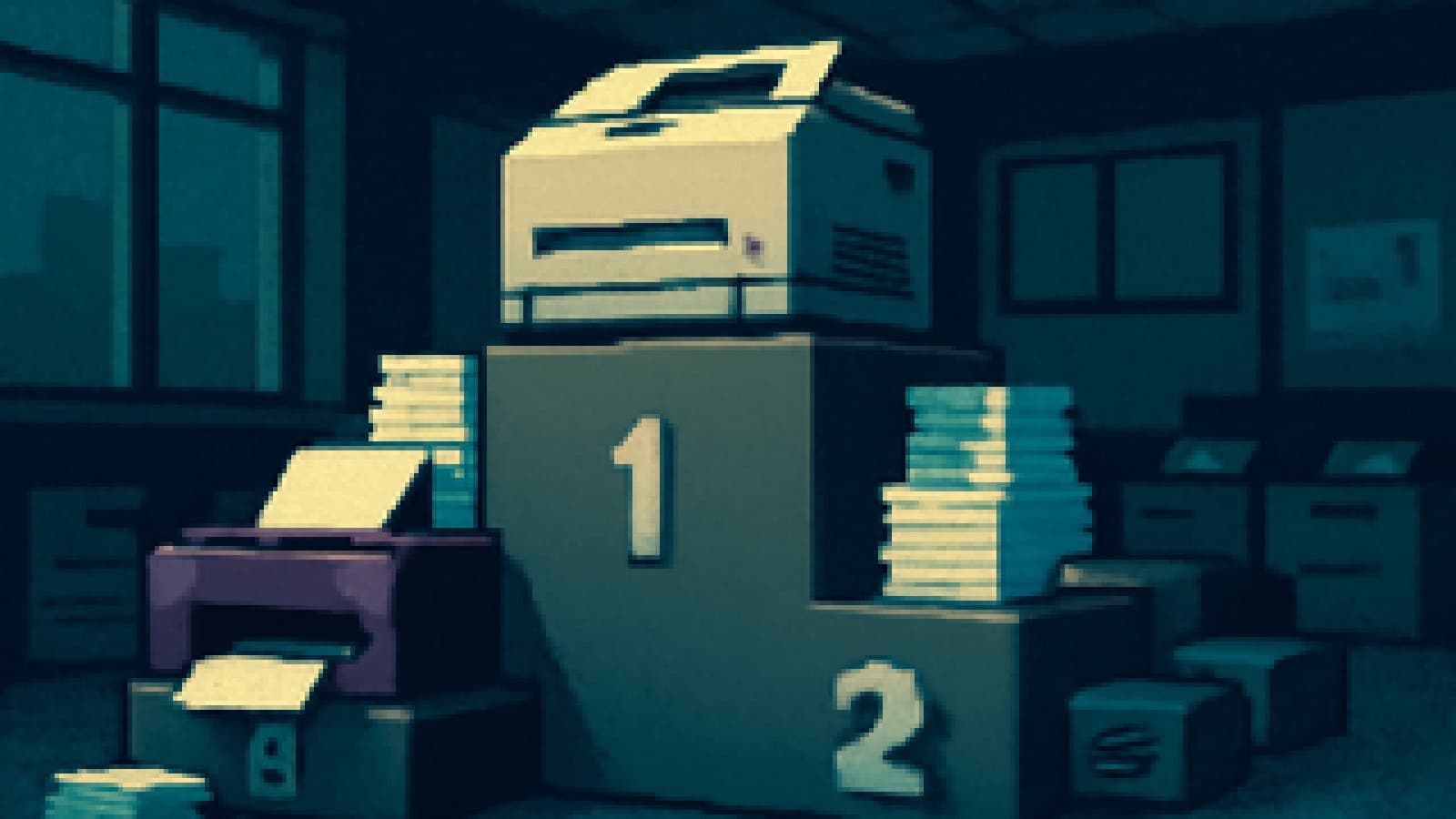 Pixel-art podium with a laser printer in first place and an inkjet office printer in second, in an office setting.