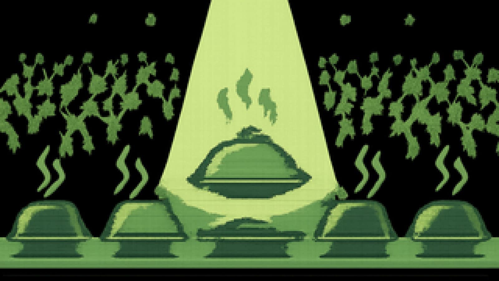 Pixel-art judging table with five TV-shaped cloches under a spotlight while a crowd waves forks.