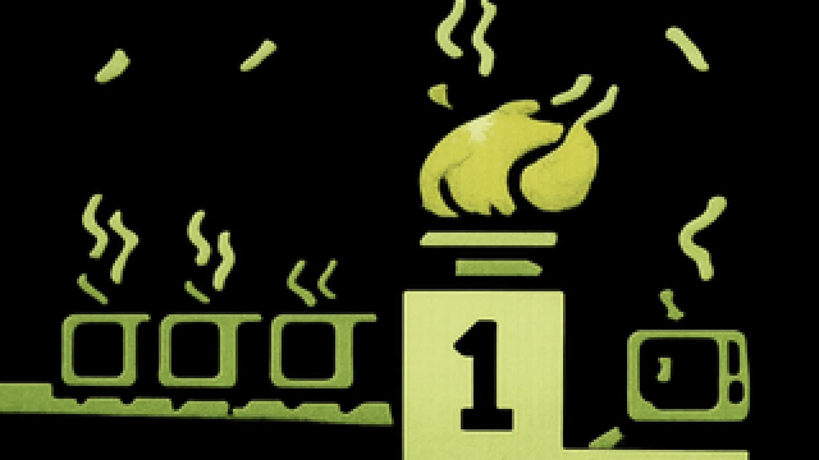 Pixel-art cooking show set with a TV-shaped roast on a winner's pedestal and four rival TV-shaped dishes nearby.