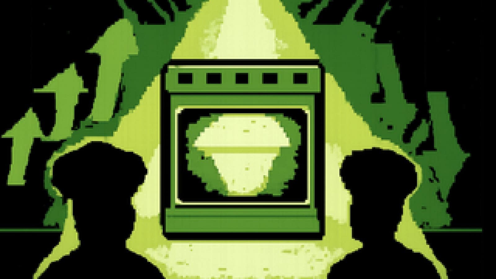 Pixel-art soufflé shaped like a diamond rising in a spotlit oven between up and down arrows